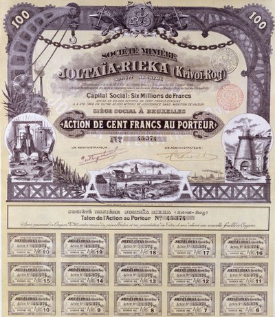 Aandeelcertificaat voor 100 francs voor de Frans-Russische Joltaia-Rieka mijnbouwmaatschappij, 1899 door French School