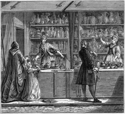 Winkel van een tinnegieter in de 18e eeuw. Gravure in 