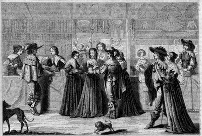 Winkels in de Galerie du Palais (Parijs), midden 17e eeuw. Van links naar rechts: een boekwinkel, een fourniturenwinkel en een winkel met waaiers, handschoenen en kant. Gravure door Foulquier in 