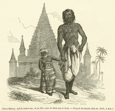 Shwe-Maong, dertig jaar oud, en zijn dochter, tweeënhalf jaar oud (gravure) door French School