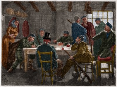 Siciliaanse maffia in de 19e eeuw: Verhoor van een landeigenaar door Siciliaanse maffiosi in 1873. Gravure uit 1873. door French School