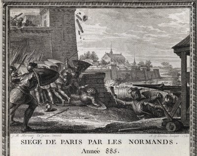 Beleg van Parijs door de Noormannen, jaar 885. Gravure uit de 