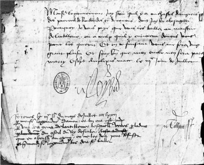 Handtekening van Lodewijk XI op een brief aan de Gouverneur van Anjou, gedateerd 3 juli 1472 (inkt op papier) door French School