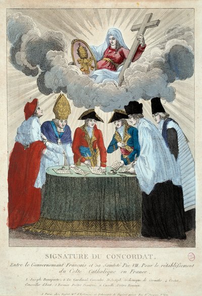 Ondertekening van het Concordaat van 1801 op 15/07/1801: het is ondertekend tussen de Franse regering (hier vertegenwoordigd door Joseph Bonaparte) en de Heilige Stoel (vertegenwoordigd door kardinaal Consalvi voor paus Pius VII). 1801 Parijs, Musee Carnav door French School