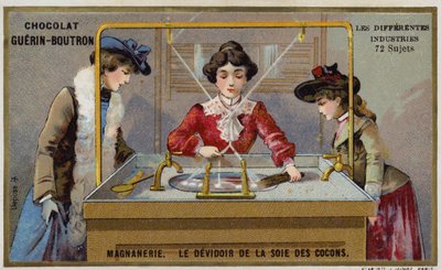 Zijdeproductie. Het spinnen van de vezels op een spoel door French School