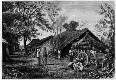 Zijdeproductie in een dorp in de buurt van Mandalay, Birma, waar zijderupsen hun katoen spinnen. (Van een foto door Graaf Mahe de La Bourdonnais). Gravure in 