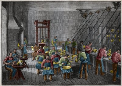 Zilverwerkplaats in Frankrijk in de 19e eeuw. Gravure uit 1885 in 