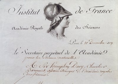 Certificaat van Lidmaatschap van Sir Humphry Davy (1778-1829) aan het Institut de France, 10 december 1819 door French School