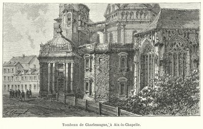 Plaats van het graf van keizer Karel de Grote, Dom van Aken, Duitsland (gravure) door French School