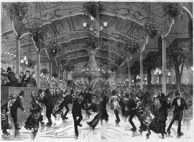 Schaatsbaan in Bullier. Dansbaan op rolschaatsen bij Bal Bullier in Parijs. Gravure in 