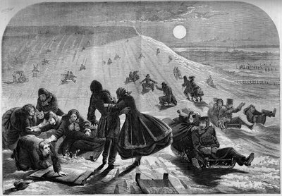 Sleeën in Montreal, Canada, winter 1859. Gravure in 