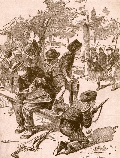 Kleine jongens die oorlogsspelletjes spelen in Frankrijk tijdens de Eerste Wereldoorlog. Uit Agenda Buvard du Bon Marche gepubliceerd 1917. door French School