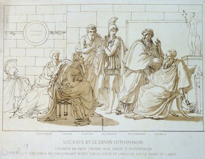 Socrates en de trooster Euthyphron: Socrates kan niet geloven in de goden van Euthyphron, deze goden zijn het niet eens over het rechtvaardige en het onrechtvaardige over het heilige en het goddeloze. Representatie van Xenophon, Criton, Plato, Alcibiades,  door French School