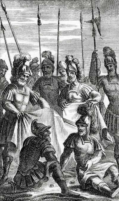 Soldaten werpen loten voor de verdeling van de kleren van Jezus Christus door French School