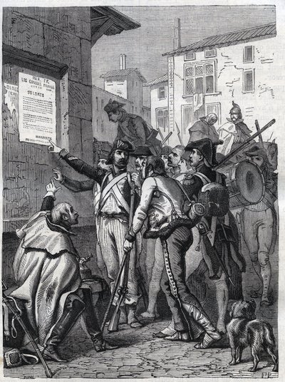 Soldaten, jullie behoeften zijn groot: Franse soldaten lezen de proclamatie van generaal Bonaparte in november 1799 - Gravure van 1865 in "Histoire du Consulate et de l