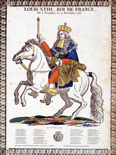 Lied ter ere van de koning van Frankrijk Lodewijk XVIII, geïllustreerd door een ruiterportret van de koning (gravure) door French School