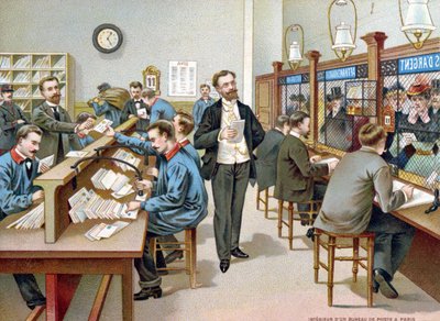 Sorteren van de post in een Parijse postkantoor, illustratie uit een postkantoor kalender, 1904 door French School