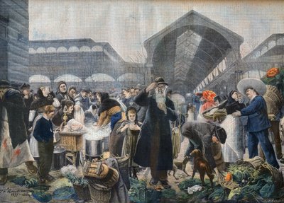 Soepkraam op de Les Halles Markt in de ochtend, illustratie uit Le Petit Journal, 2 maart 1897 - la soupe aux Halles le matin in Parijs - gravure door Fortune-Louis Meaulle naar Jean Jacques Rousseau (1861-1911) door French School