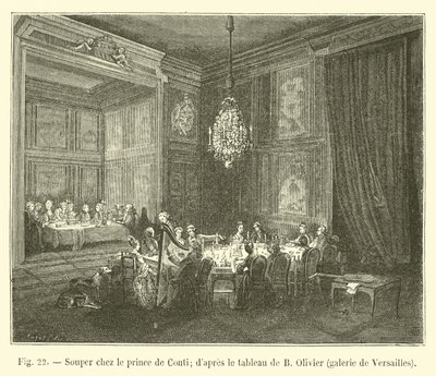 Avondmaal bij de prins van Conti; naar het schilderij van B Olivier, galerie van Versailles door French School
