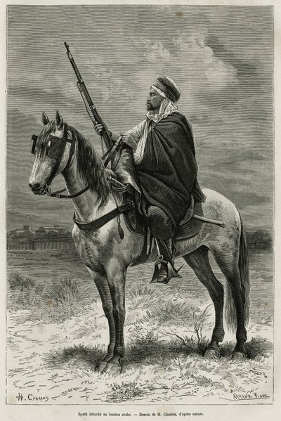 Spahi, efficiënte ruiter en gevreesd bijdragend aan de verovering van Algerije, in dienst van Frankrijk, gedetacheerd bij het Arabische kantoor, gravure naar een tekening van H. Charles, ter illustratie van het verhaal Tebessa en zijn monumenten (Algerije) door French School