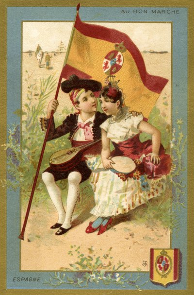 Spaanse jongen en meisje, uit een serie illustraties van kinderen uit verschillende landen, geproduceerd als promotiekaarten voor het Bon Marché warenhuis in Parijs, c.1890 door French School