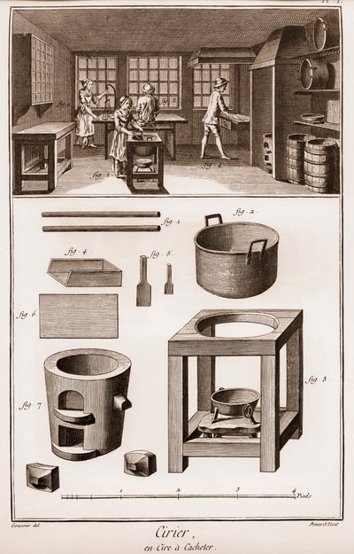 Spaanse wasfabriek - werkplaats waar materialen worden gesmolten - La Grande Encyclopedie, ou Dictionnaire Raisonne des Sciences, des Arts et des Metiers door Denis Diderot en Jean d
