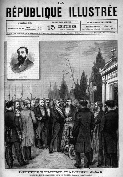 Toespraak van Leon Gambetta (1838-1882) bij de begrafenis van afgevaardigde Albert Joly (1844-1880) op de begraafplaats van Versailles. Een krant. Gravure uit 1880 in 