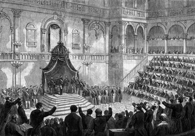 Toespraak van de koning van Italië Victor Emmanuel II (Vittorio Emanuele) (Victor-Emmanuel) (1820-1878) bij de opening van de zitting van de Italiaanse staten in het parlement van Turijn door French School