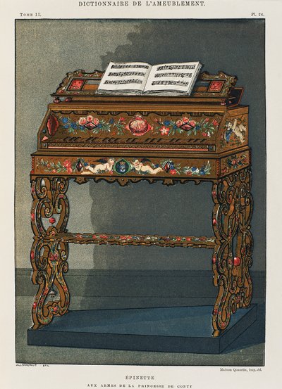 Spinet met het wapen van de Prinses van Conti, illustratie uit Woordenboek van Meubels en Decoratie door French School