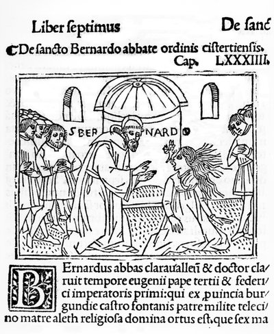 Sint Bernardus van Clairvaux die een Bezeten Vrouw Uitdrijft, illustratie uit La Vie des Saints gepubliceerd 1506 door French School