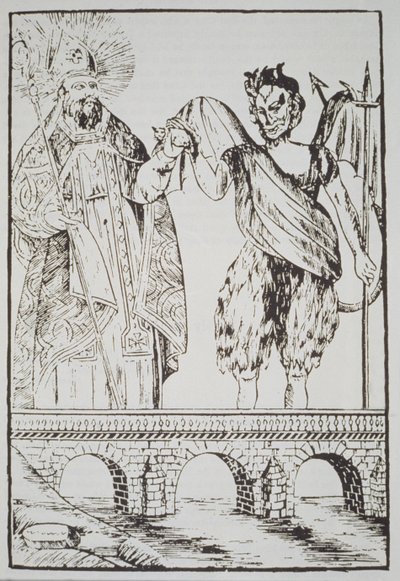 St. Cado en de Duivel, kopie van een populaire Franse prent, geïllustreerd in een geschiedenis van magie gepubliceerd eind 19e eeuw door French School
