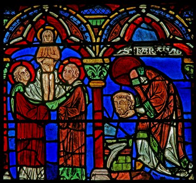 St. Cheron raam: draagt zijn hoofd naar de fontein van St. Mesme; zijn ziel stijgt op door French School