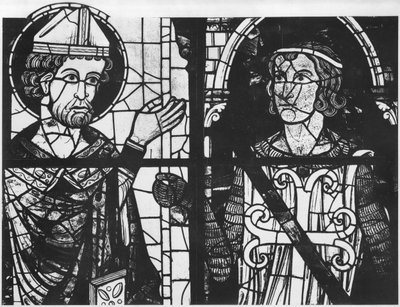 St. Denis geeft de oriflamme aan de ridder Clement (maarschalk van Metz), detail, Zuidroos Verheerlijking van onze Heer Jezus Christus door French School