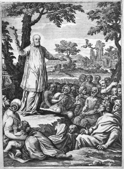 St. Franciscus van Sales predikend tot de ketters van Chablais (gravure) door French School