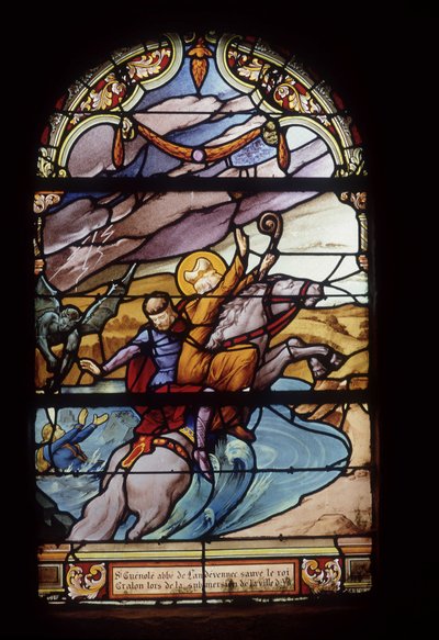 St Guénolé, abt van Landévennec, redt koning Gralon tijdens de overstroming van de stad Ys - glas-in-loodramen van de St Germain kerk in Kerlaz door French School