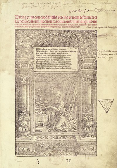 St. Hiëronymus in zijn studiolo, titelpagina van een Bijbel, gedrukt door J. Marion, Lyon, 1521 door French School
