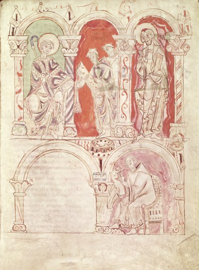 St. Johannes Cassianus (360-ca.435) schrijvend en monniken die het boek aanbieden aan de patroon van de abdij, uit Collationes door Cassianus, uit de Abdij van St. Amand door French School