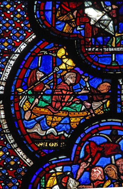 Het Sint-Jans-raam: verbannen naar Patmos en schrijft de Apocalyps door French School
