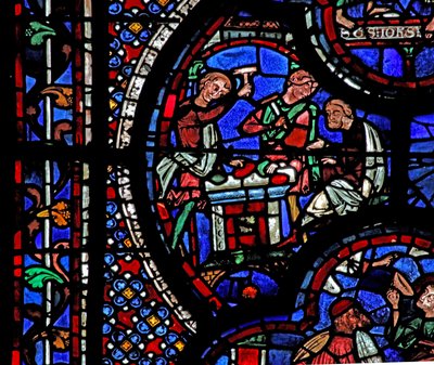 Het Sint-Jans-raam: twee mannen breken edelstenen door French School