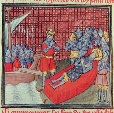St. Louis sterft aan de pest op 25 augustus 1270 tijdens de Kruistocht tegen Tunis, uit het manuscript 