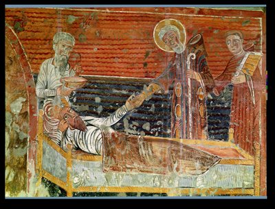 St. Severinus (d.507) geneest Clovis I (465-511) kopie van een 12e-eeuws origineel in de kerk van Chateau-Landon door French School