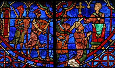 Sint Thomas Becket bidt voordat hij wordt vermoord door 3 ridders door French School