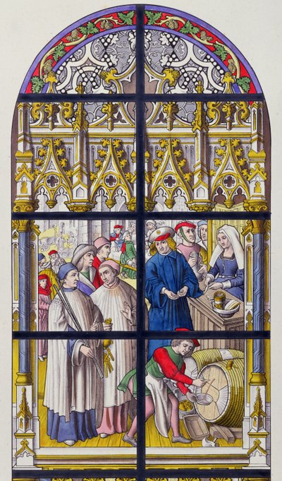 Glas-in-lood uit de kathedraal van Doornik dat de belastingen op bier en wijn door de bisschoppen van Doornik illustreert door French School