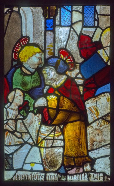 Glas-in-loodraam, de evangelisten die de vaten opslaan (thema van de mystieke pers) door French School