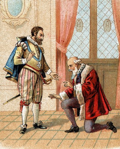 Sta op, mijn vriend, je vijanden zullen zeggen dat ik je vergeef, zei koning Hendrik IV tegen Maximiliaan van Béthune (hertog van Sully) (1559-1641) in 1598 die was neergeknield na een levendige discussie. door French School