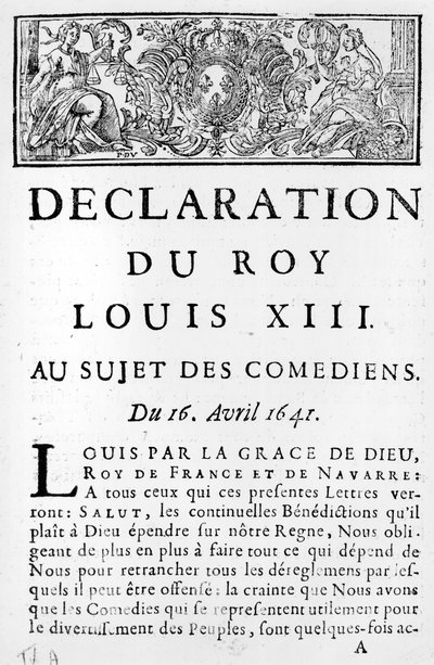 Verklaring van Lodewijk XIII (1601-43) over de komieken, 16 april 1641 door French School