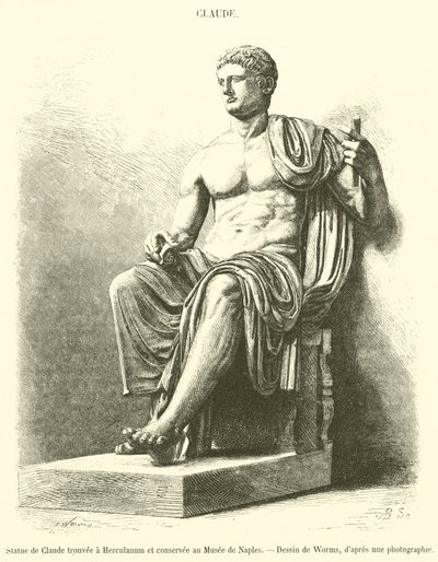 Standbeeld van Claudius gevonden in Herculaneum en bewaard in het Museum van Napels (gravure) door French School
