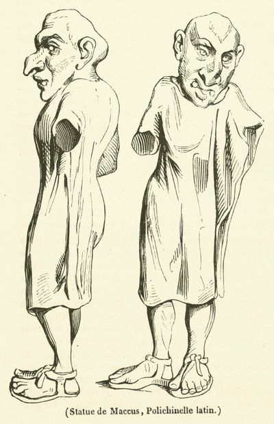 Standbeeld van Maccus, Latijnse Polichinelle (gravure) door French School