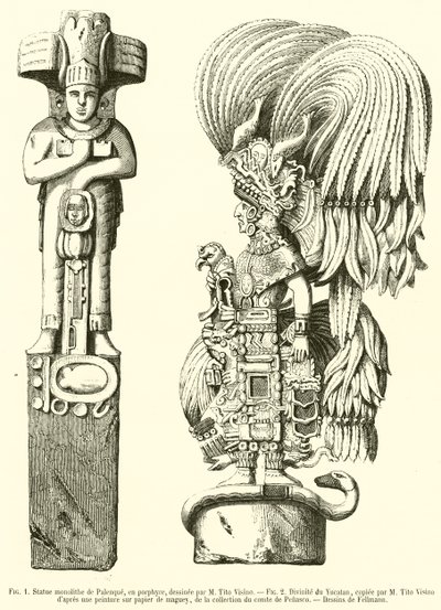 Monolithische standbeeld van Palenque, in porfier; Godheid van Yucatan door French School