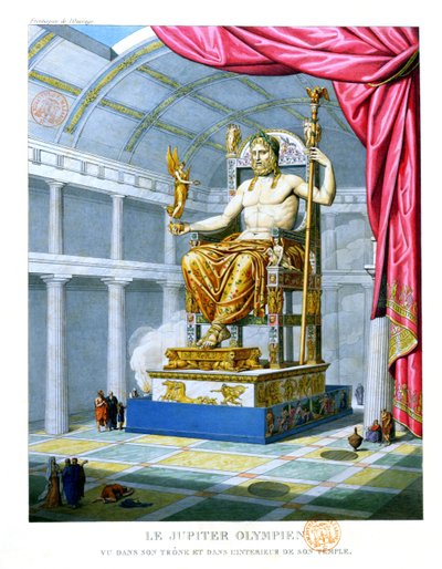 Standbeeld van Olympische Zeus op zijn troon in zijn tempel in Olympus door French School